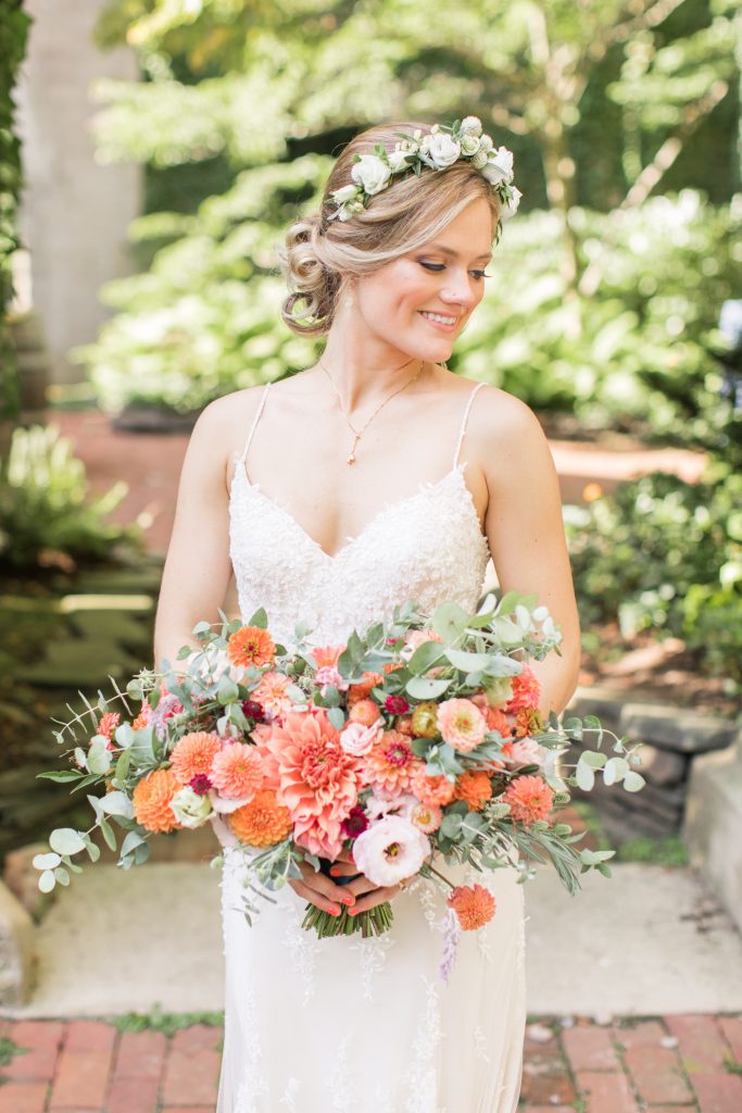 Colorful Summer Bridal Bouquet featuring Pantone Color of the Year 'Living Coral' | Bouquet grown and designed by Love 'n Fresh Flowers