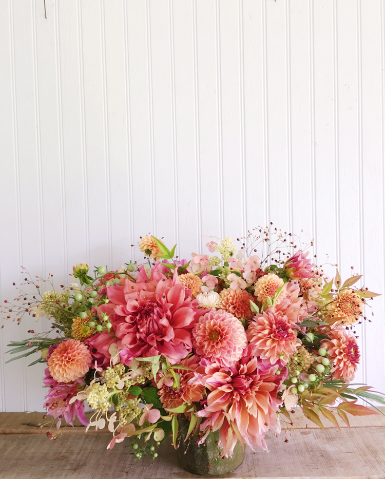 Pantone Color of the Year Living Coral Floral Inspiration for Weddings | Centerpiece of coral dahlias grown and designed by Love 'n Fresh Flowers
