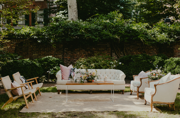 Hill-Physick House Wedding Cocktail Hour| Wedding Vintage Furniture Lounge from Maggpie Rentals in the Garden at Cocktail Hour | Philadelphia | Flowers by Love 'n Fresh Flowers | Photo by Chellise Michael Photography