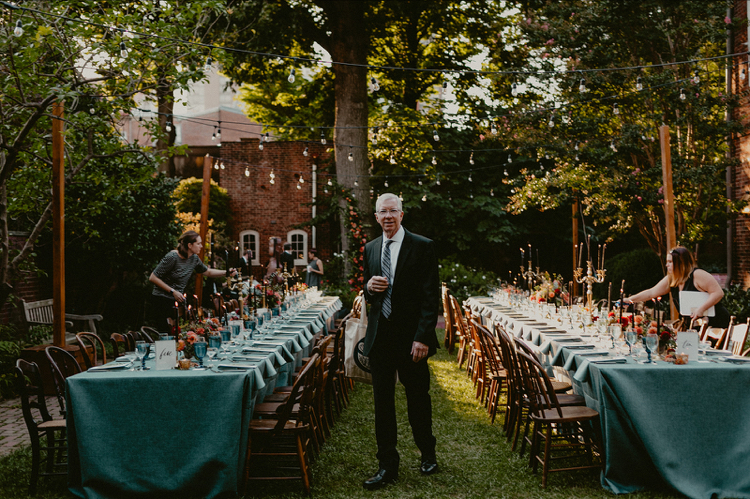 Powel House Wedding Reception | Rich Moody Autumn Florals and Blue Table Cloths on Long Tables in the Garden | Philadelphia | Flowers by Love 'n Fresh Flowers | Photo by Chellise Michael Photography