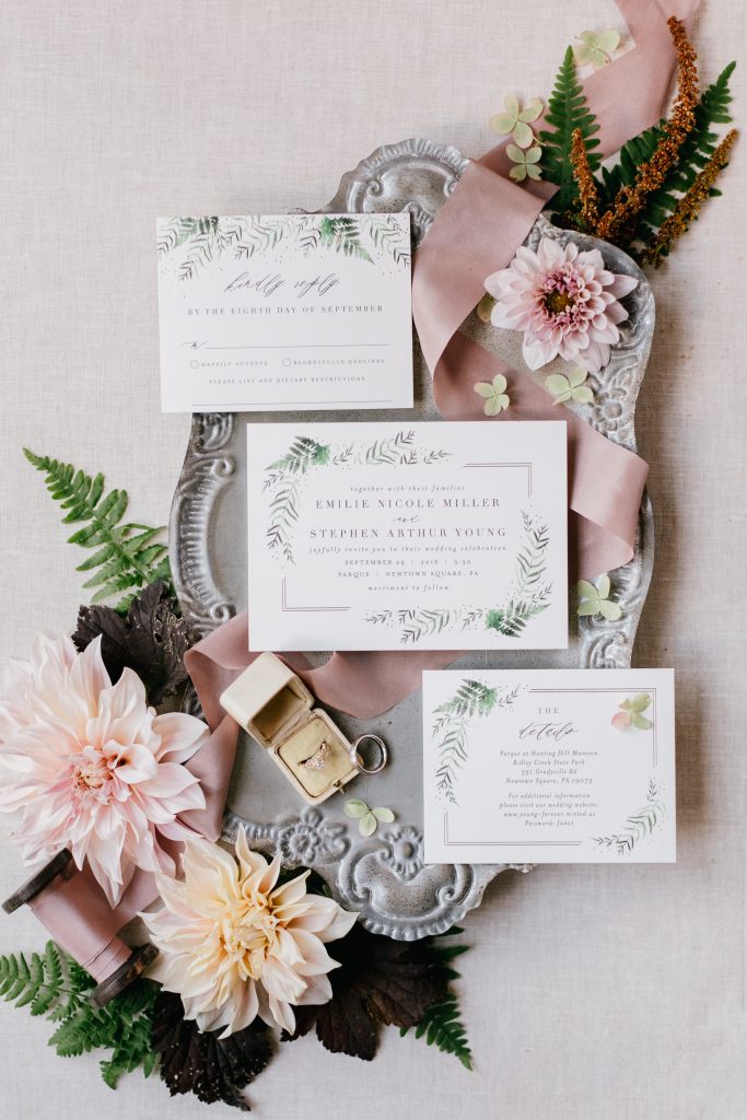Parque at Ridley Creek Wedding | Philadelphia | Invitation suite styled beautifully with fresh dahlias and ferns | Photo and Styling by Emily Wren Photography | Flowers by Love 'n Fresh Flowers