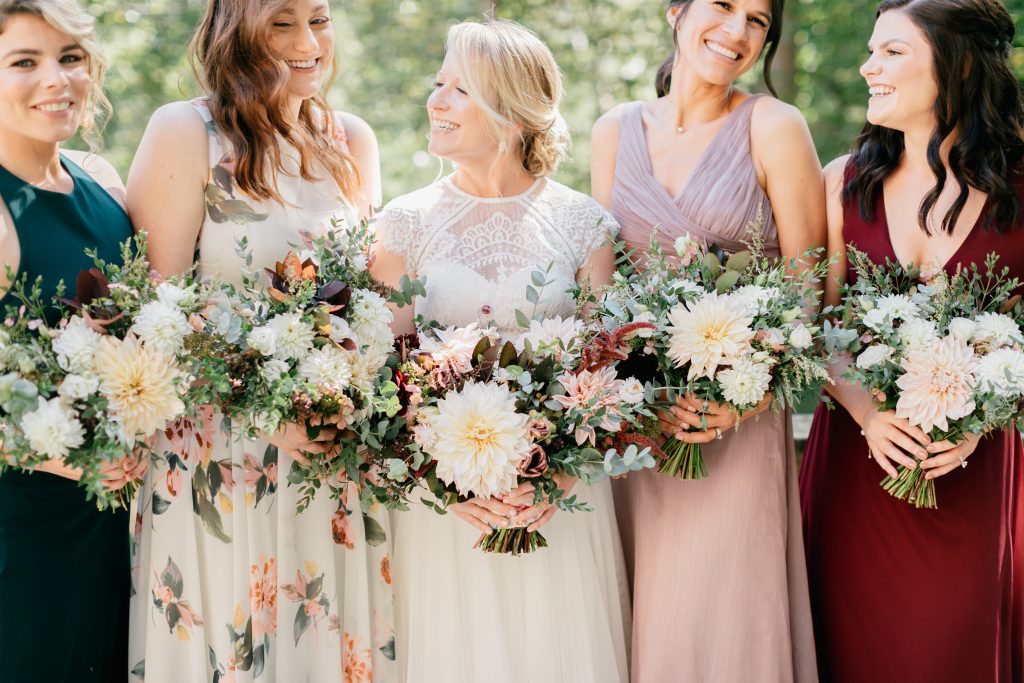 Parque at Ridley Creek Wedding | Philadelphia | Bridal party flowers in cream, blush, soft pink, mauve, burgundy, emerald green, peach floral, and taupe.   Flowers featured locally-grown dahlias and lots of seasonal foliage. | Photo by Emily Wren Photography | Flowers by Love 'n Fresh Flowers