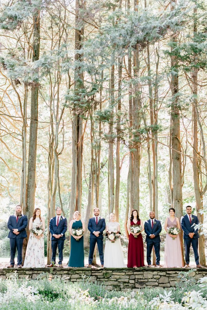 Parque at Ridley Creek Wedding | Philadelphia | Bridal party photos among the towering trees in this state park | Photo by Emily Wren Photography | Flowers by Love 'n Fresh Flowers