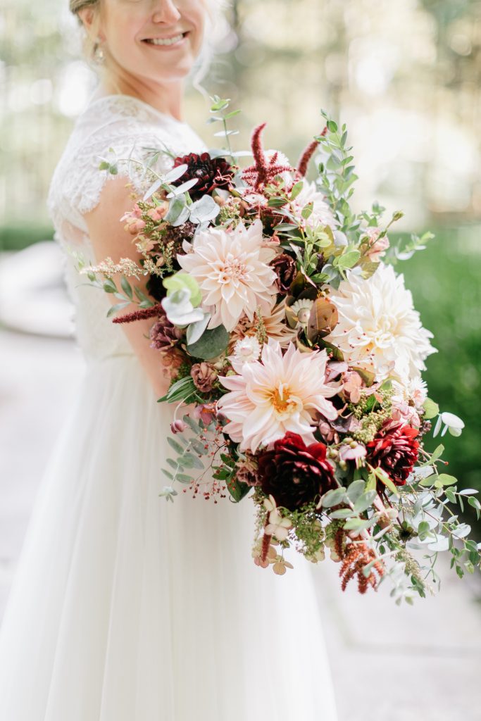 Parque at Ridley Creek Wedding | Philadelphia | Lush, textural, natural autumn bridal bouquet in blush, cream, and burgundy colors with dusty blue accents | Photo by Emily Wren Photography | Flowers by Love 'n Fresh Flowers