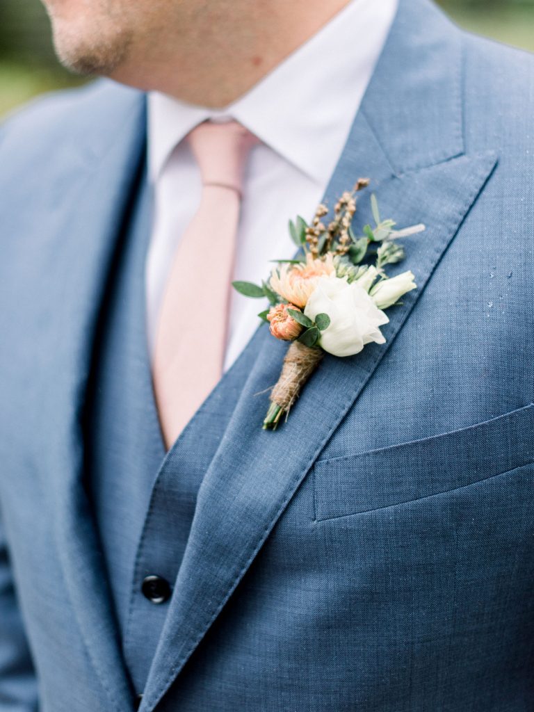 Inn at Grace Winery Wedding | Philadelphia | Groom's boutonniere featuring heirloom mums, lisianthus, eucalyptus, and grasses wrapped in twine | Flowers by Love 'n Fresh Flowers | Photo by Hillary Muelleck