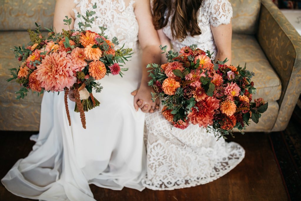 Matching bridal bouquets for a same-sex wedding. | Material Culture Colorful Same-Sex Wedding | Philadelphia | Flowers by Love 'n Fresh Flowers | Photo by Peach Plum Pear Photography