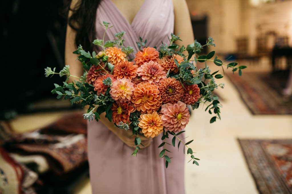 Bridesmaid bouquet featuring locally-grown dahlias and more! | Material Culture Colorful Same-Sex Wedding | Philadelphia | Flowers by Love 'n Fresh Flowers | Photo by Peach Plum Pear Photography