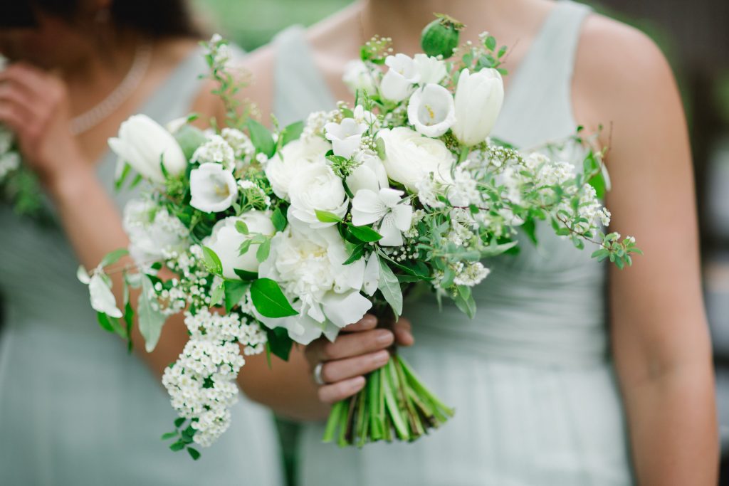Spring Backyard Wedding | Philadelphia | Bridesmaid bouquets with loose and garden-inspired green and white flowers | Florals by Love 'n Fresh Flowers | Photo by Asya Photography