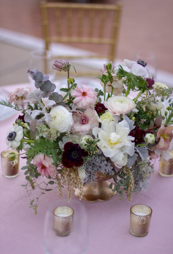 Horticulture Center Spring Wedding || White, blush and burgundy spring centerpiece in a gold compote || Flowers and photo by Love 'n Fresh Flowers