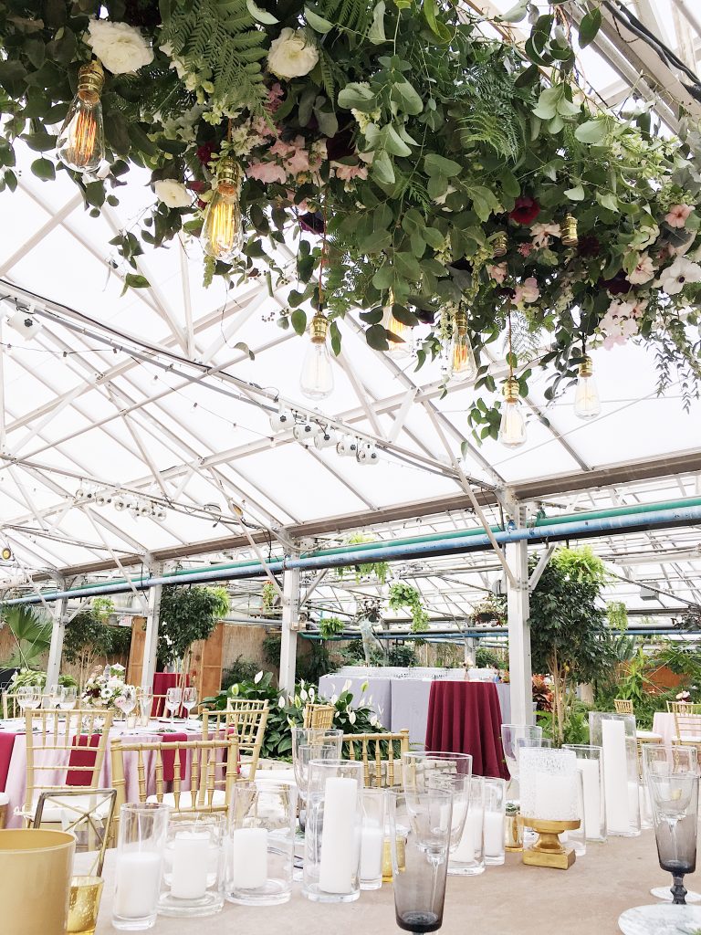 Horticulture Center Spring Wedding || Hanging Installation over the head table || Flowers and photo by Love 'n Fresh Flowers