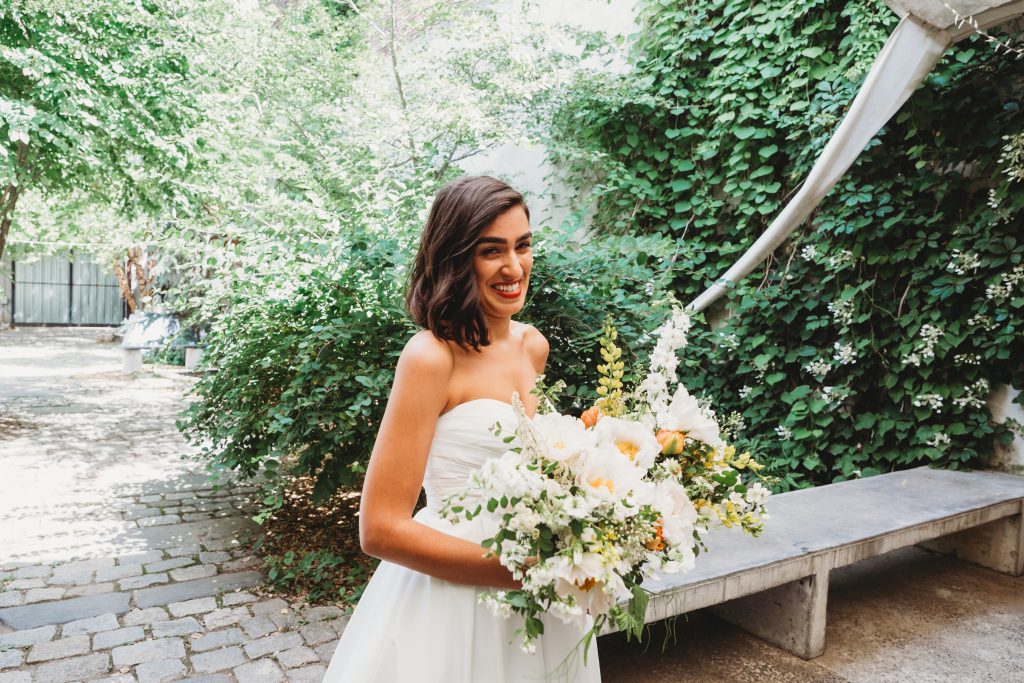 First Look in the Garden for this MAAS Building Wedding in June with Emmal and Julian | Bridal Bouquet designed by Love 'n Fresh Flowers in Philadelphia | Photo by Michelle Johnsen Photography