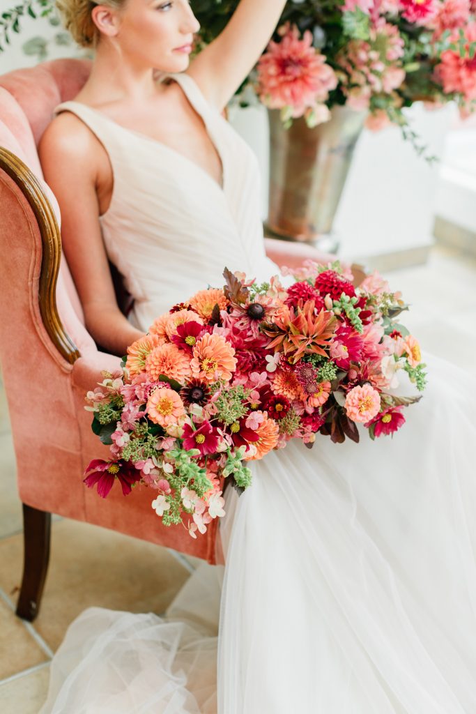 Colorful summer wedding inspiration at Pomme in Radnor | Red and Peach Bridal Bouquet | Flowers by Love 'n Fresh Flowers | Photo by Emily Wren Photography