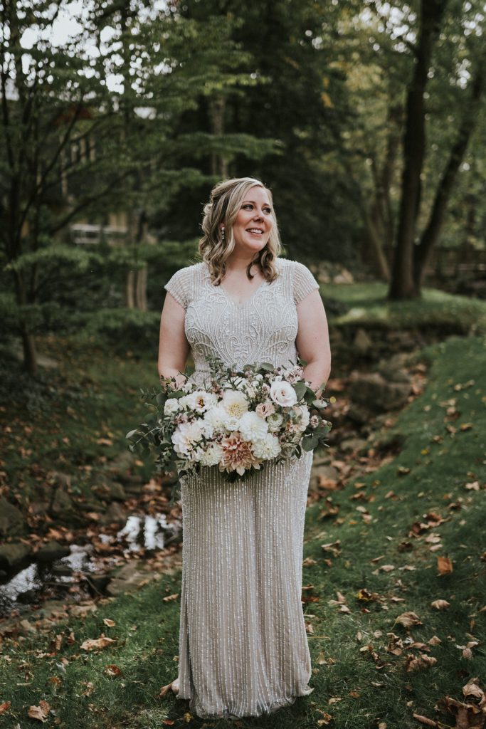 Vintage Beaded Bridal Gown with Bridal Bouquet for this Autumn Wedding at Pomme Radnor near Philadelphia | Becky & George | Flowers by Love 'n Fresh Flowers | Photo by Dearly Beloved Weddings