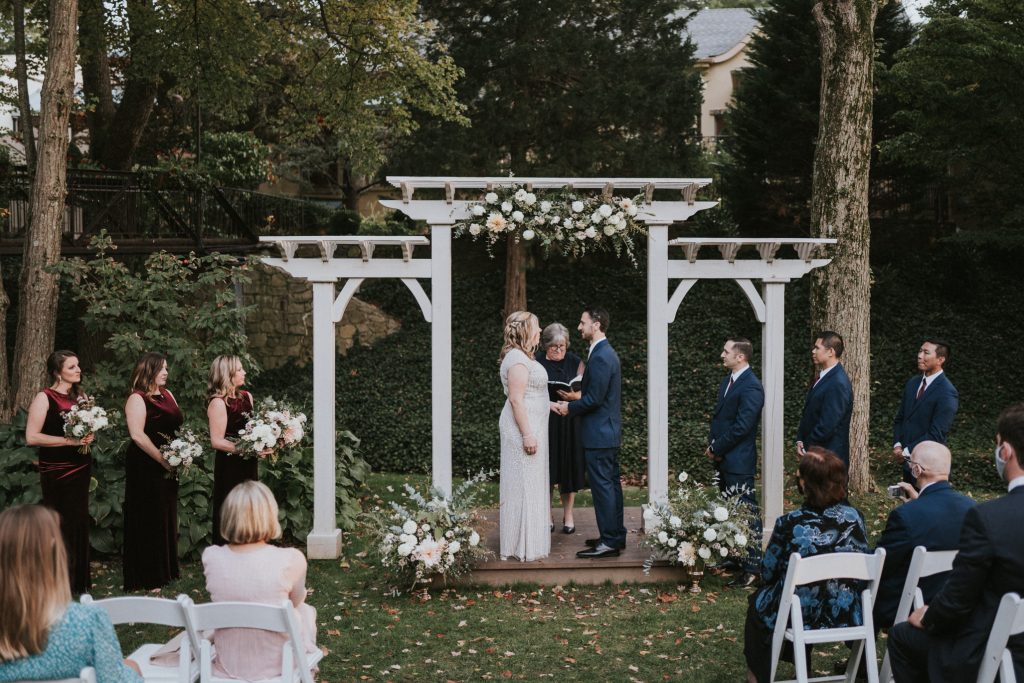 Autumn Wedding Ceremony under the Arbor at Pomme Radnor near Philadelphia | Becky & George | Flowers by Love 'n Fresh Flowers | Photo by Dearly Beloved Weddings